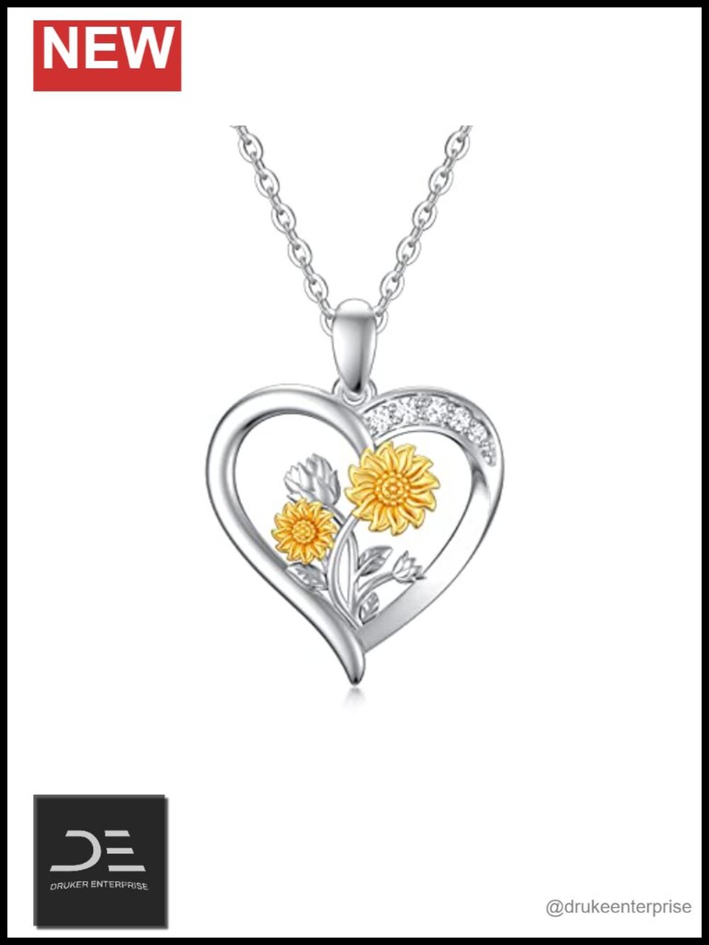 14K Real Gold Diamond Heart Necklace Sunflower Pendant for Women